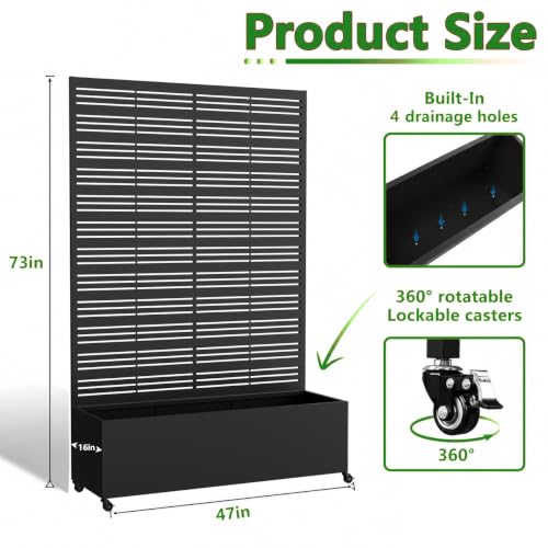 Metal Planter Box with Trellis Privacy Screen, Raised Garden Bed with Trellis & Wheels, Privacy Planters for Patio, Planter Box for Climbing Plants, Flower, 73"x 47"x 30", Wood - color: Black line, size: 73"x 47"x 16"