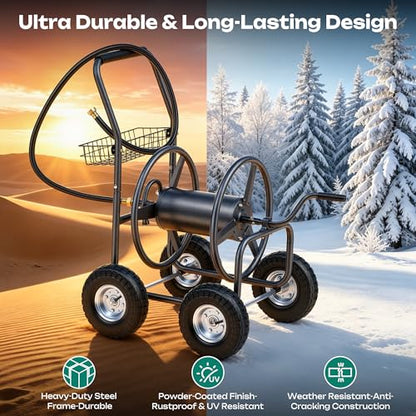 Garden Water Hose Reel Cart - 250 ft. Capacity, 10" Pneumatic Tires, Powder-Coated Steel Frame for Tangle-Free Garden Hose Storage - color: Gray