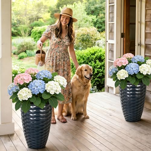 19" Wavy Ceramic-Look Outdoor Planters for Plants Set of 2 Tall Pots - color: 19"h-navy Blue Wavy