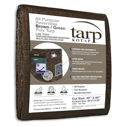 Kotap 40 x 60 Ft. All-Purpose Multi-Use Protection/Coverage 5-mil Poly Tarp, Reversible, Waterproof, Brown/Green, (TBG-4060) - color: Brown/Green, size: 40 x 60 Ft.