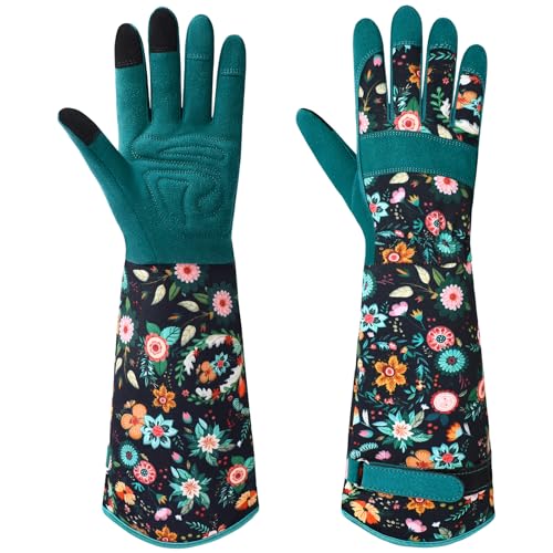 Gardening Gloves for Women, Long Garden Gloves with Grip, Thorn-Proof, Gift - color: Dark Green - Circle Flower
