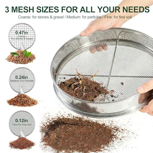 11.8 Inch Garden Soil Sifter Set Dirt Sifter with Interchangeable Screens,Multi-Functional Rock Sifter for Gardening Compost Bonsai and Sand Separation (Silver) - color: Silver