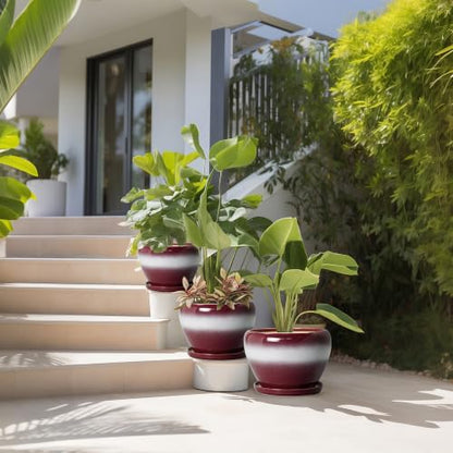 Ceramic Plant Pots, 10+8+6 Inch Ceramic Pots for Plants, Red-White - color: Red-white