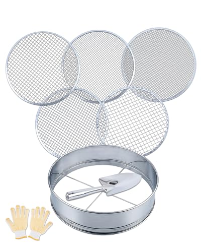 5-in-1 Soil Sifter Set with 5 Replaceable Stainless Steel Mesh Screen & Shovel (1/8" to 1/2"), Soil Sifter for Soils, Compost, Bonsai, Cat Litter and More（11-5/8" Diameter）