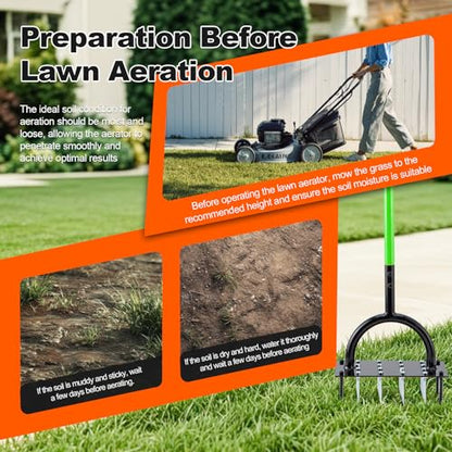 Bluesea Lawn Aerator Tool - 16 Iron Spikes with Ergonomic T-Handle, Automatic Dirt Clean for Soil Loosening & Yard Aeration, Manual Metal Grass Aerator (Green) - color: Green