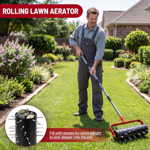 Suchtale Rolling Lawn Aerator with 42 Spikes, 71" Manual Yard Aerator Tool