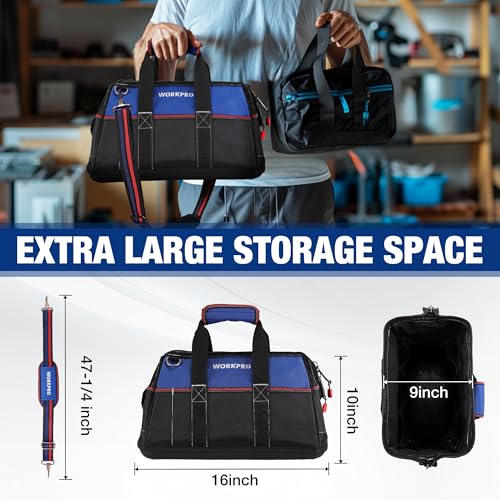 WORKPRO 16-inch Wide Mouth Tool Bag with Water-Proof Molded Base - color: Blue & Red