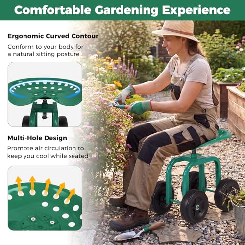 IRONMAX Garden Cart with Adjustable Seat & 4 Flexible Wheels，Green - color: Green