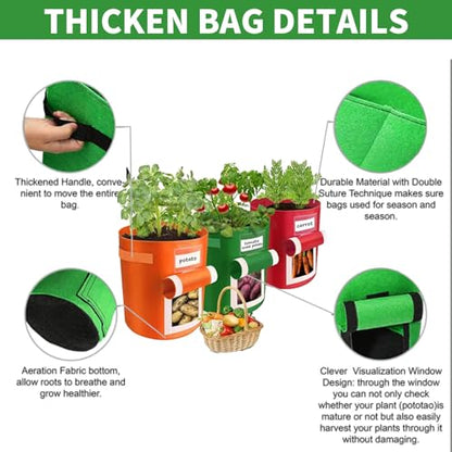 3 Pack 10 Gallon Potato Grow Bags with Handles & Harvest Window - Planting Bags for Potato,Tomat o,Vegetables,Garden Pots,Orange,Green,Red