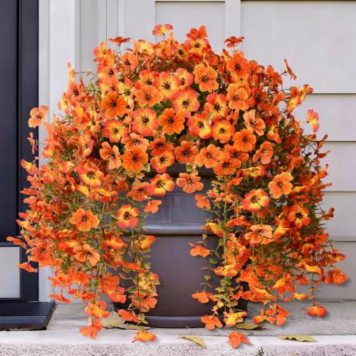INQCMY Artificial Fall Flowers for Outdoors Faux Mums UV Resistant - color: Red Orange
