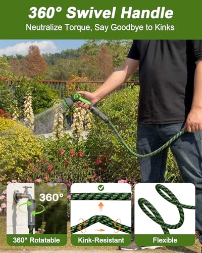 Garden Hose, Flexible Ultra Lightweight Durable, Kink-Free Water Hose with 10 Function Sprayer - Non-Shrinking, Easy to Store, All-Weather, High-Pressure (50FT)