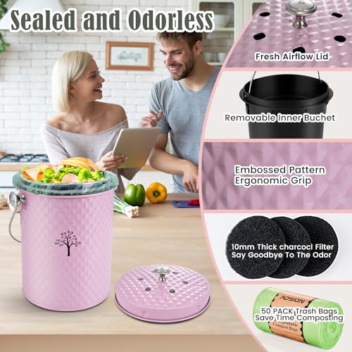 AOSION Countertop Compost Bin, Odor-Free Food Waste Container with 50 Bags - color: Pink