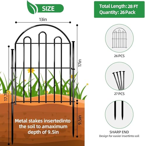 28ft in x 22in Decorative Garden Fence, 26 Pack Arched No Dig Animal Barrier Fence for Dog Rabbit, Garden Edging Border, Rustproof Metal Ground Stake Border for Outdoor Yard Patio Decor - size: 26 Panels, 17 in (L) X 13 in (W)