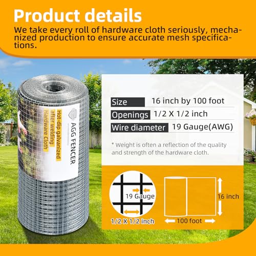 AggFencer 16inch x 100ft Hardware Cloth 1/2 inch Chicken Wire Fencing 19Ga - size: 1/2in 16in x 100ft