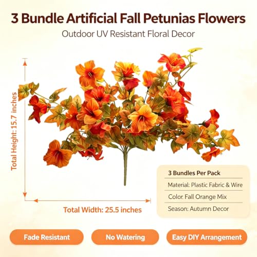 AITISOR Artificial Fall Flowers, Fake Petunias Plants for Outdoor Planters - color: Fall Orange Yellow