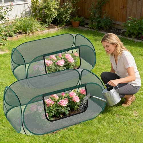 2 Pack Raised Garden Bed Covers, 45 x 22 x 17 in Pop Up Plant Covers for Frost Protection, Mesh Garden Bed Protector with Zipper for Vegetables & Seedlings, Birds & Small Animals, 16 Stakes