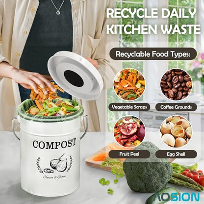 AOSION 1 Gallon Countertop Compost Bin for Kitchen with Lid,Odor Resistant - color: White(50 Pack Trash Bags & Garden Shovel)