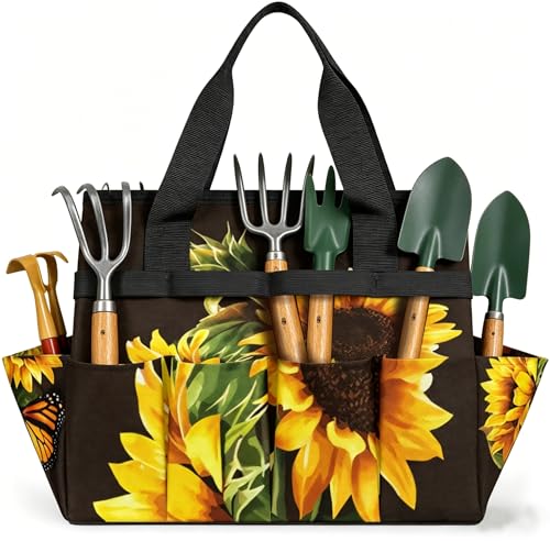 Butterfly Sunflower Funny Garden Tool Bag Waterproof Gardening Tool Storage Bag with Handle & 10 Pockets Gardening Tote Bag for Women Garden Tool Organizer - color: Butterfly Sunflower Funny