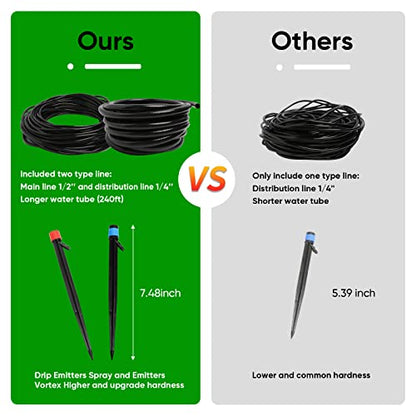 Maotong 240FT Drip Irrigation System Kit, Automatic Garden Watering Misting System for Greenhouse, Yard, Lawn, Plant with 1/2 inch Hose 1/4 inch Distribution Tubing and Accessories - size: 240 FT (40 FT 1/2" + 200 FT 1/4")