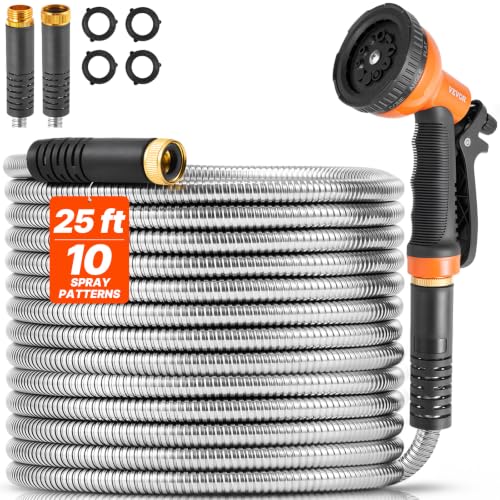 VEVOR Metal Garden Hose 25ft, Stainless Steel No-Kink Water Hose - size: 25 ft with 10 Function Spray Nozzle
