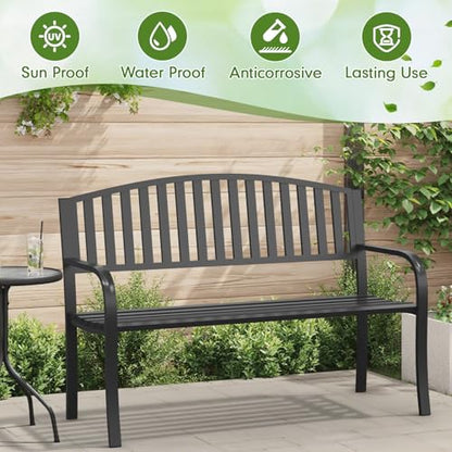 50" Outdoor Bench, Heavy-Duty Metal Frame Graden Bench, Weatherproof Patio Park Bench for Front Porch, Park, Yard, Patio - size: Rectangle