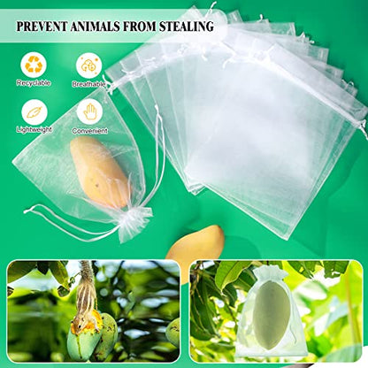 50 Pcs Fruit Protection Bags, 8x12 White Fruit Netting Bags for Fruit Trees Fruit Cover Mesh Bag with Drawstring, Netting Barrier Bags for Grapes Mango Fruit Trees Veggies Garden - color: White 8x12