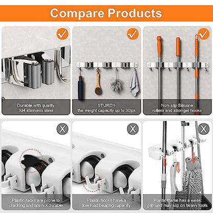 2 Pack Mop and Broom Holder Wall Mount for Kitchen Garden Garage Laundry - color: Silver, size: 2 Pack 3 Racks with 4 Hooks