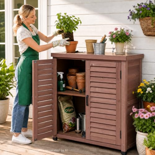 Outdoor Storage Cabinet with Metal Tabletop, Cedar Wood Garden Workstation - color: Royal Brown, size: 31x17x36