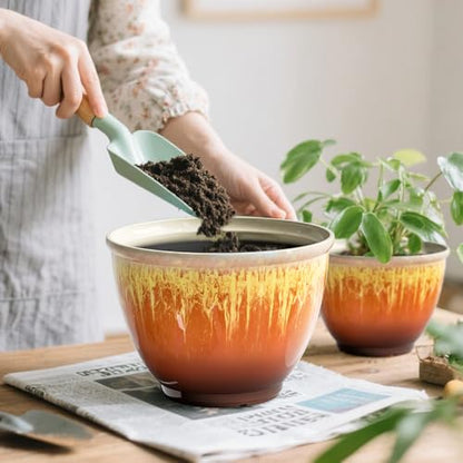 4 Pack Glazed Plant Pots, 8 Inch Modern Planters with Drainage Hole - color: Orange Glaze