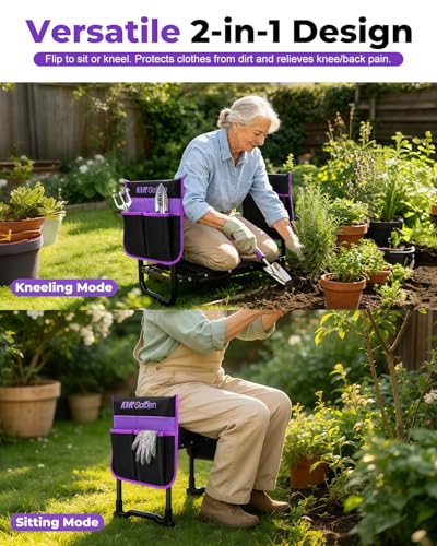 Garden Stool & Kneeler 7-Piece Set with 3 Aluminum Tools, Double-Layer Tote Bag & 2 Side Pouches - Foldable Gardening Bench Kit - Ideal Gifts for Women Mom Seniors (Purple) - color: Purple