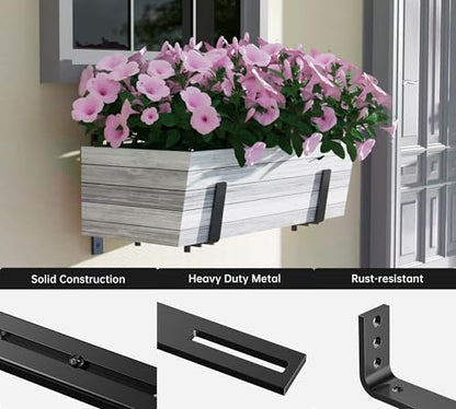 Y&M 6 Pack Adjustable Planter Box Brackets (6 to 12.5 in), Universal Window Box Brackets, Heavy Duty Iron Flower Box Wall Mounting Hooks for Balcony, Fences, Patio, and Garden - Black - size: 6pcs Black