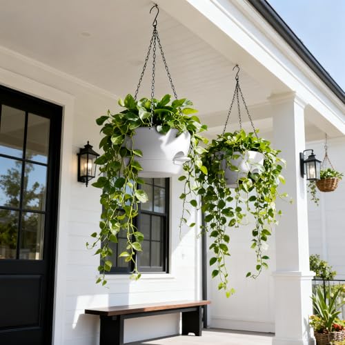 UOUZ 13 Inch 2 Pack Large Self Watering Hanging Planters for Indoor Outdoor Plants, Hanging Plant Pots with Removable 50 Oz Reservoir, Plastic Hanging Basket for Window Porch Garden, White - color: White