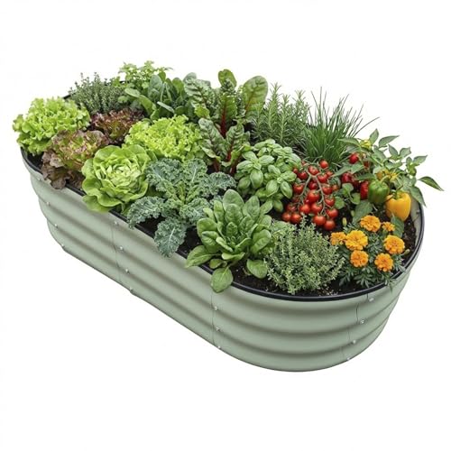 Raised Garden Bed, Metal Planter Box, Oval Shape, Outdoor Planting,Vegetable Flower Herb Planter(1 PCS of 4×2×1 ft, Green Oval) - size: 1 PCS of 4×2×1 ft
