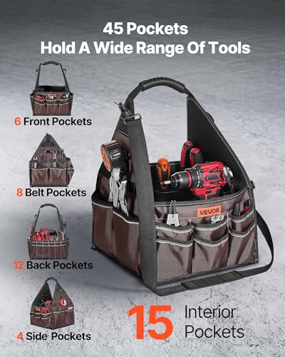 VEVOR Tool Bag, 13 Inch, 45-Pocket Open Top Tool Tote, Electrical Maintenance Toolbox Organizer Storage with Handle, Adjustable Shoulder Strap, Portable Toolbag, for Professionals DIY & Jobsite Use