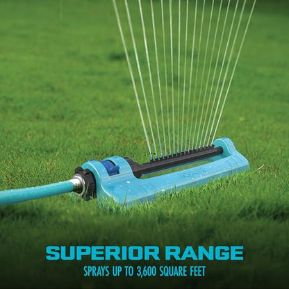Aqua Joe Oscillating Sprinkler with Adjustable Spray, 16 Clog-Resistant Nozzles, Metal Base & 3600 Square Foot Coverage, Compatible with Garden Hoses