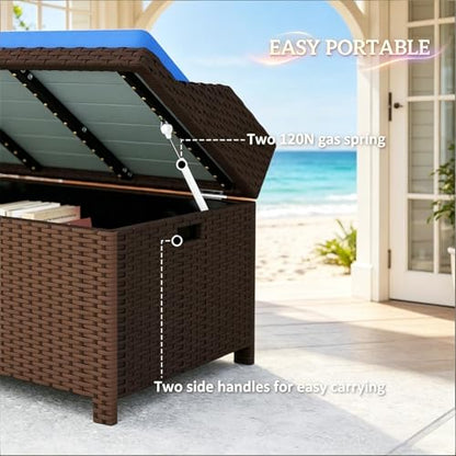 34 Gallon Outdoor Storage Bench, Rattan Wicker Deck Box with Blue Cushion - color: Blue,Coffee