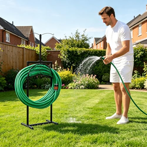 Hose Holder with Double-Ear Hooks and Free Gardening Gloves, Garden Hose Holder,Heavy Duty Metal Build, Hose Holders for Outside, Outside Hose Rack for Yard Lawn Patio, Black