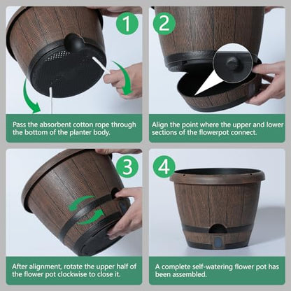 Sun-E 10" Self-Watering Whiskey Barrel Planter 3 Pack for Indoor Outdoor - color: Brown Wooden Grain