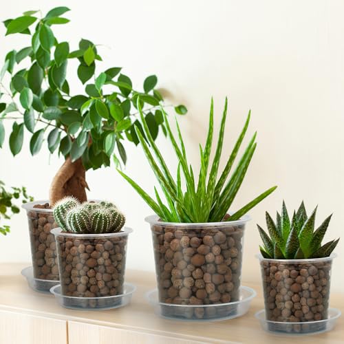 FUIJOL 5 Inch Clear Nursery Pots for Plants with Sacuers 15 Pack, Plastic Flower Pots with Drainage Holes, Variety Pack Seedlings Garden Pot for Indoor Outdoor (5 inch) - size: 5 inch