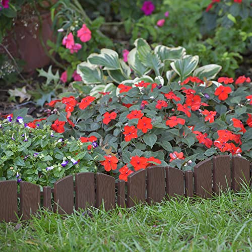 EasyFlex No-Dig Landscape Edging with Anchoring Spikes, 4.5 in. Tall Decorative Adirondack Wood-Look Fence Garden Border, 60 Foot Kit, Brown - color: Brown, size: 60 Foot