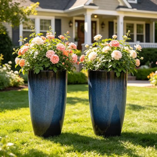 Autodaya 24" Large Tall Outdoor Planters Set of 2, Faux Ceramic Flower Pots - color: 23.8" Blue Gradient Cobalt Finish