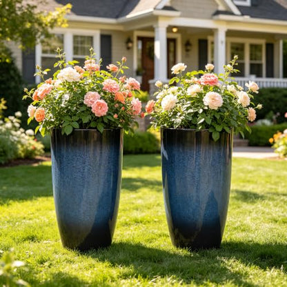 Autodaya 24" Large Tall Outdoor Planters Set of 2, Faux Ceramic Flower Pots - color: 23.8" Blue Gradient Cobalt Finish