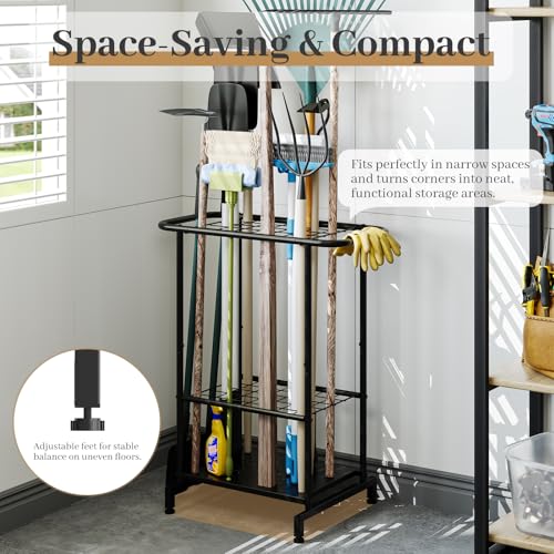 Garden Tool Organizer with Wheels, Heavy Duty Metal Garage Tool Storage Rack, Yard Tool Holder for Long-Handled Tools, Rakes and Brooms, Indoor and Outdoor Use for Shed, Patio - style: Tool Rack with Wheels