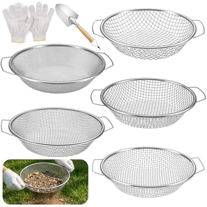 5PCS Soil Sifter 2,4,6,8,10mm Rock Sifting Screen with Handle Shovel Gloves - size: 5PCS(1/9in,1/6in,1/4in,1/3in,3/8in)