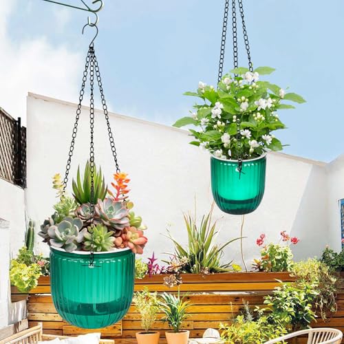 4Pcs Self Watering Hanging Planter, 6.5'' 4.5'' Hanging Plant Pots with Drainage Holes,Plastic Hanging Plant Flower Pots Baskets,Visible Hanging Planters for Indoor Plant Garden Home(Emerald)