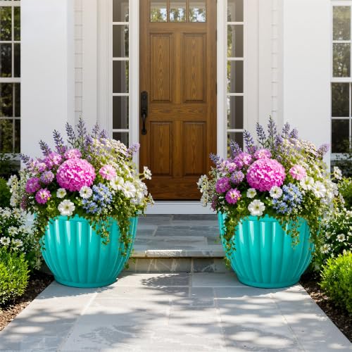 Autodaya 15" Large Planters For Outdoor Plants Set Of 2 Plastic Flower Pots - color: 15"-gradient Teal Green