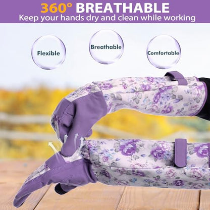 Gardening Gloves for Women, Long Garden Gloves with Grip, Thorn-Proof, Gift - color: Light Purple - Flower