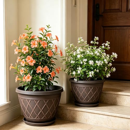 4 Pack 16 Inch Large Plastic Plant Pots with Drainage Holes & Saucers - color: Plaid Pattern-brown, size: 16 Inch - 4Pack