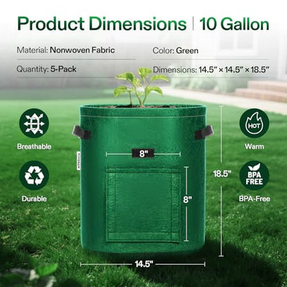 VIVOSUN 5-Pack 10 Gallon Potato Grow Bags, Roll-up Harvest Window - color: Green, size: 10 Gallon