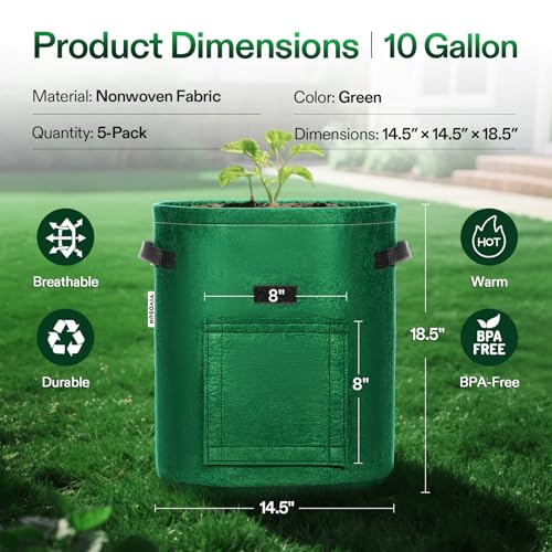VIVOSUN 5-Pack 10 Gallon Potato Grow Bags, Roll-up Harvest Window - color: Green, size: 10 Gallon